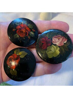 Vintage Circa 1980's Hand Painted Rose & Flower Design Wooden Brooch/ Pins Set o